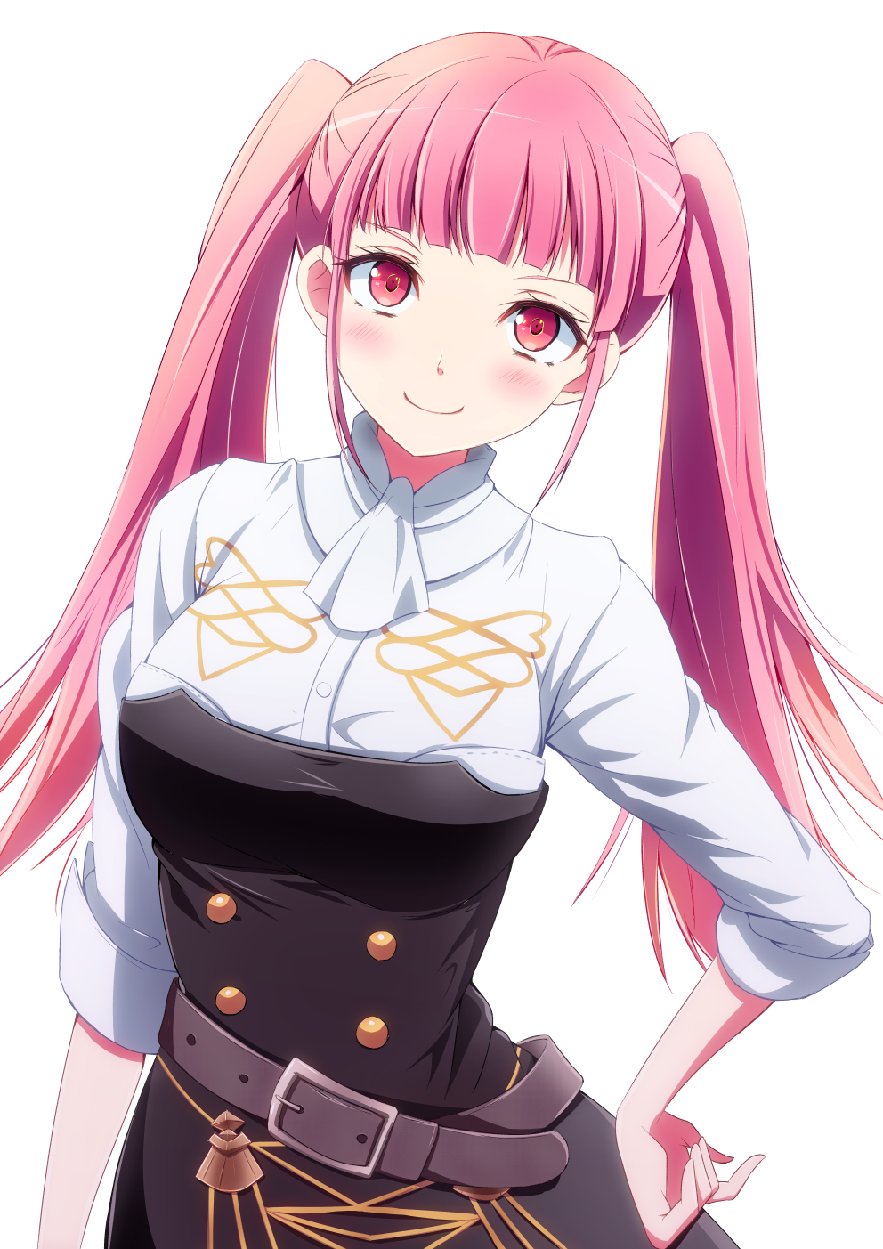 1girl, bangs, belt, belt_buckle, black_dress, blunt_bangs, blush, brown_belt