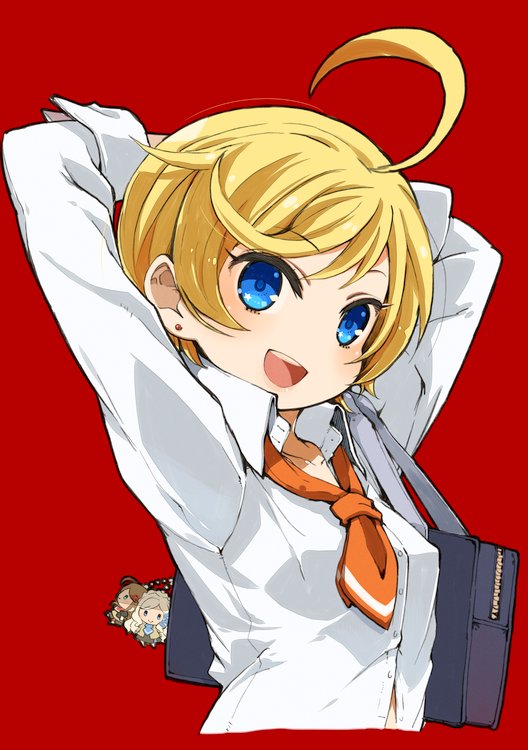 1girl, 8_beat_story, ahoge, arms_up, bag, blonde_hair, blue_eyes, breasts