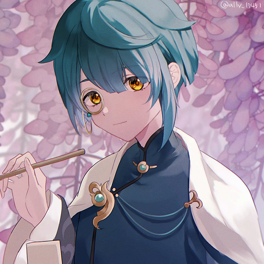 aoi_no_okina_(genshin_impact), ari_(bleum), blue_hair, cape, closed_mouth, frilled_sleeves, frills, genshin_impact