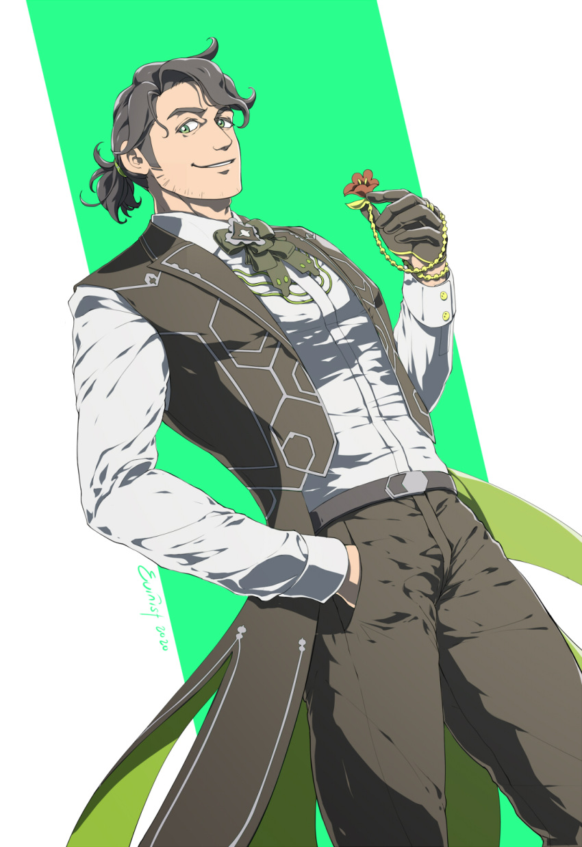 1boy, alternate_costume, artist_name, augustine_sycamore, black_hair, cape, collared_shirt, evinist