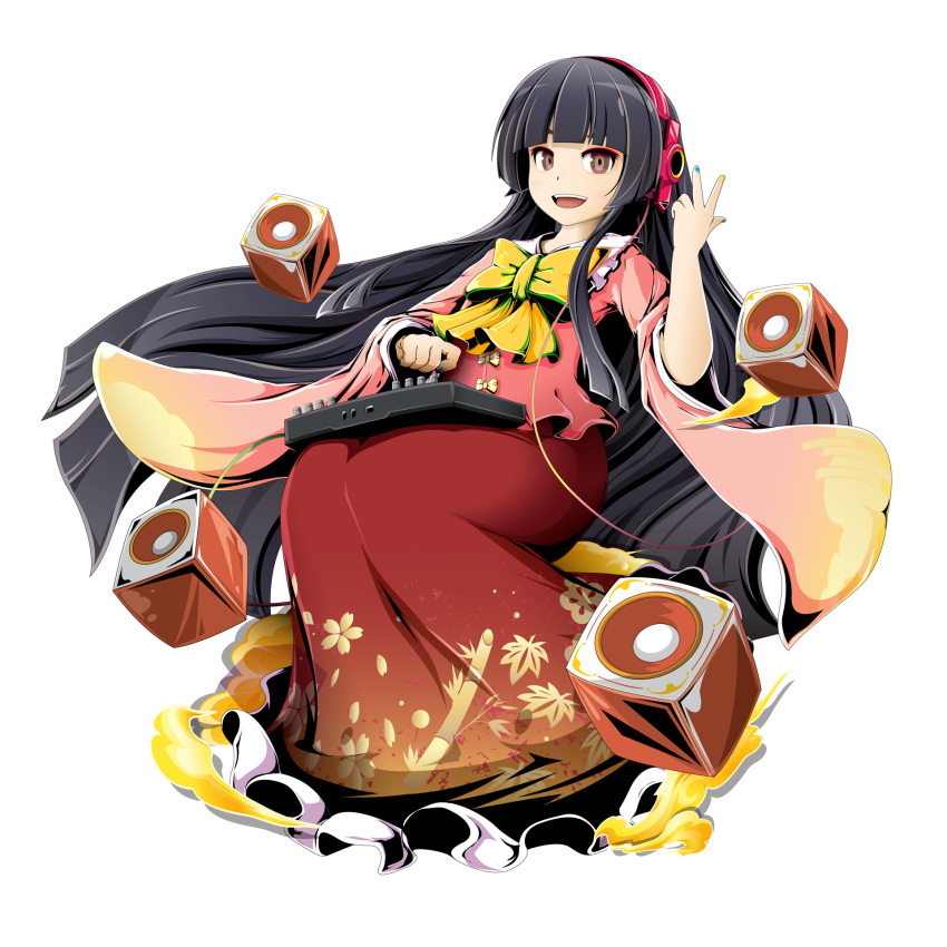 1girl, :d, bangs, black_hair, blue_nails, blunt_bangs, bow, brown_eyes