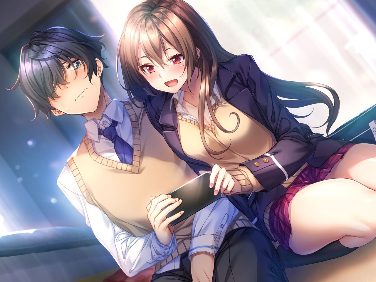 1boy, 1girl, :d, aikagi_3, bangs, black_jacket, black_pants, black_socks