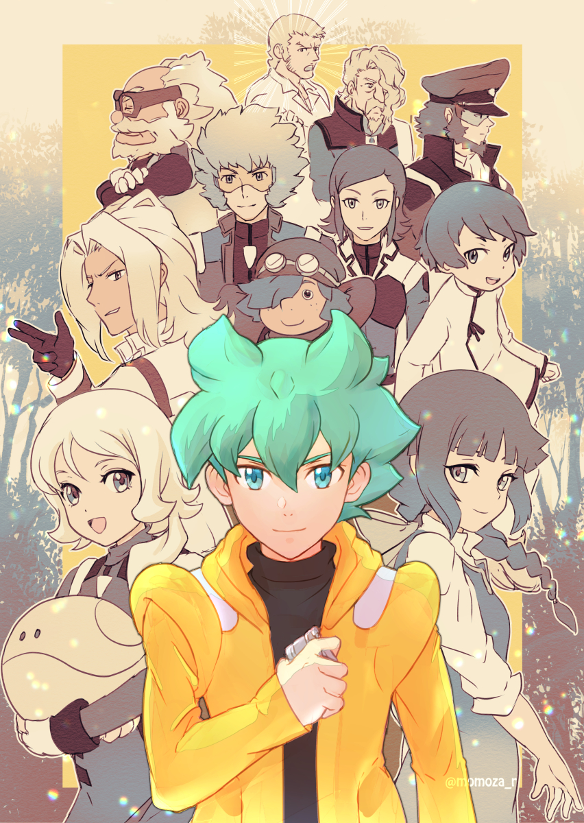 3girls, 6+boys, aqua_hair, arms_behind_head, bangs, beard, black_gloves, black_sweater