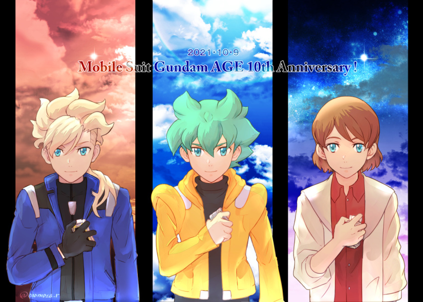 2021, 3boys, aqua_hair, asemu_asuno, bangs, black_sweater, blonde_hair, blue_coat