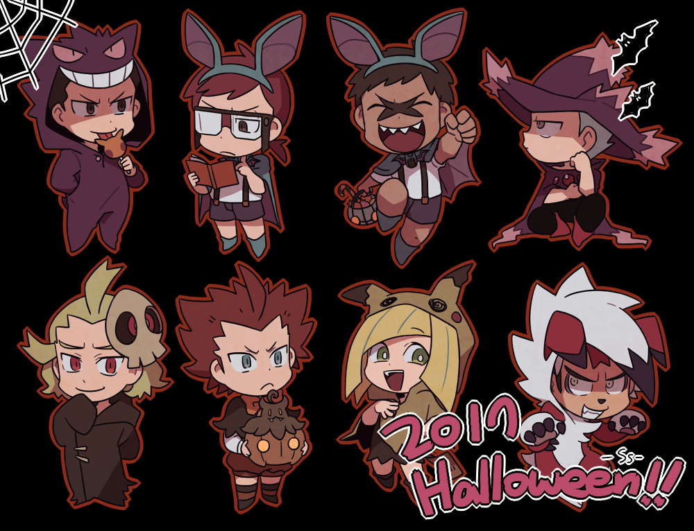 1girl, 6+boys, archie_(pokemon), black_background, cape, chibi, commentary, cosplay