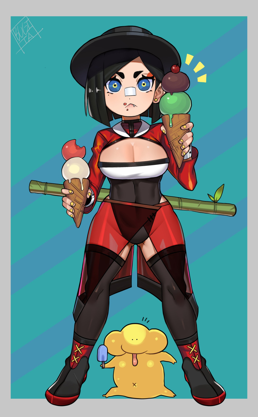 1girl, :<, absurdres, ass_visible_through_thighs, bamboo, bandaid, bandaid_on_face, bandaid_on_nose
