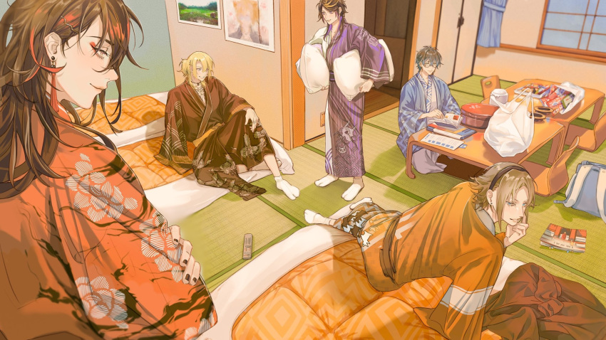 5boys, animal_print, backpack, bag, bangs, bed, bird_print, black_hair