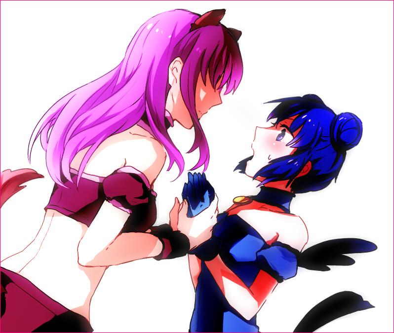 2girls, backless_outfit, bird_girl, faceless, faceless_female, hair_bun, holding_own_arm, mew_mint