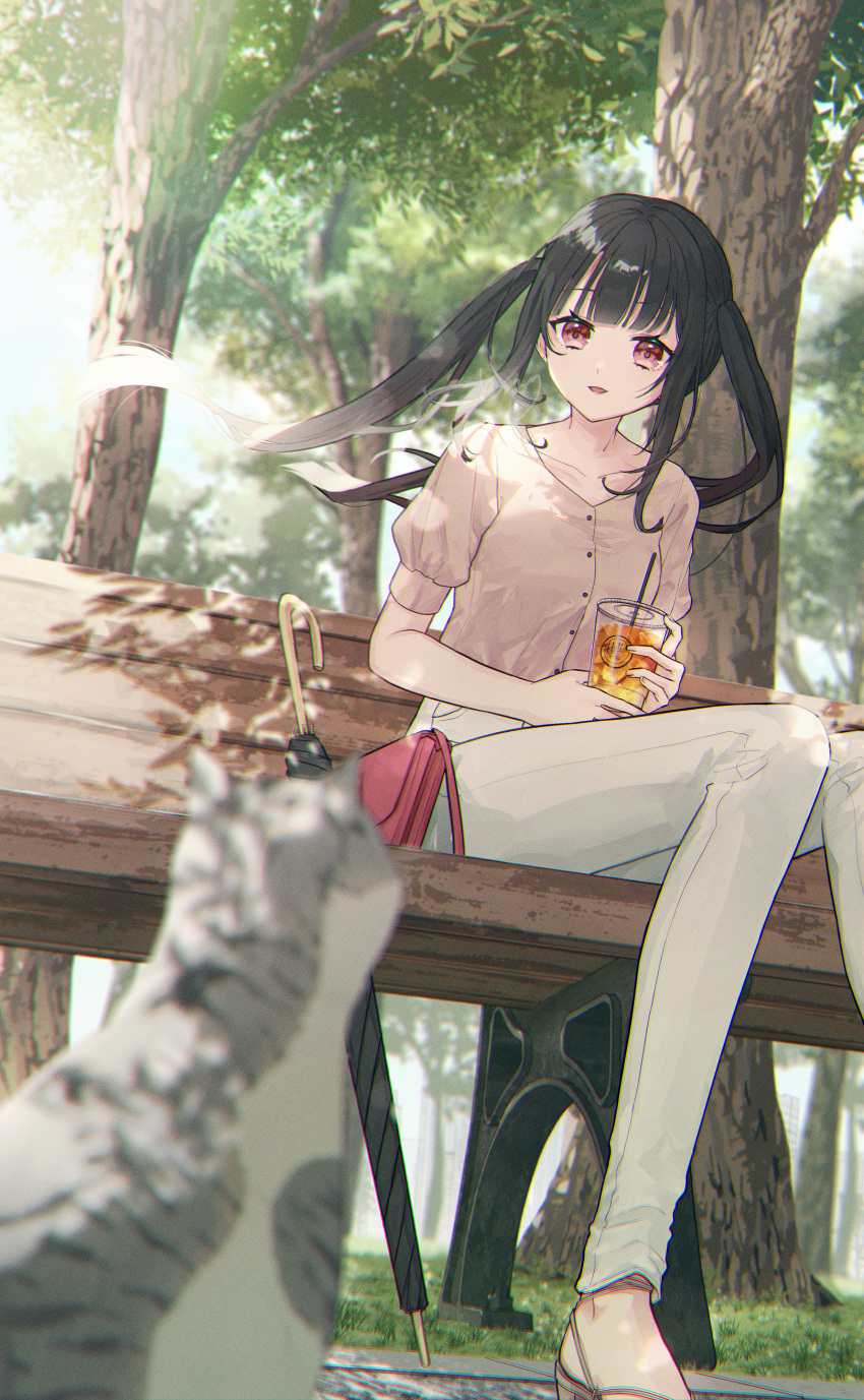 1girl, absurdres, animal, bag, bangs, bench, black_hair, blurry