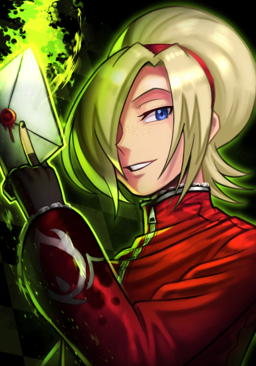 1boy, absurdres, androgynous, ash_crimson, blonde_hair, blue_eyes, envelope, fingerless_gloves