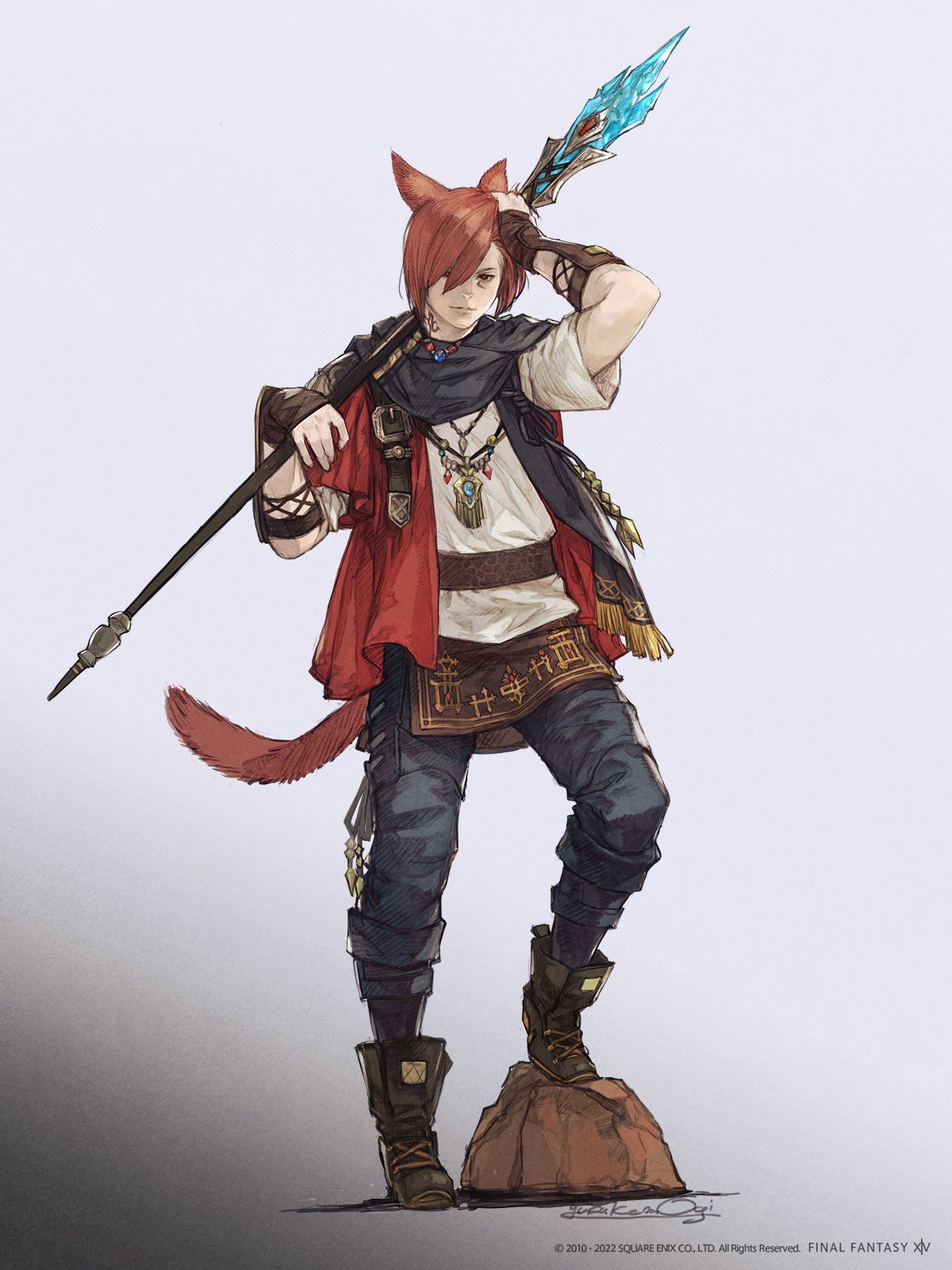 1boy, animal_ears, ankle_boots, artist_name, bangs, belt, black_pants, black_scarf