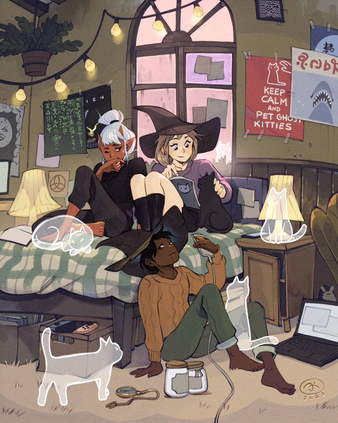 3girls, barefoot, bed, black_cat, black_hair, black_pants, black_socks, black_sweater