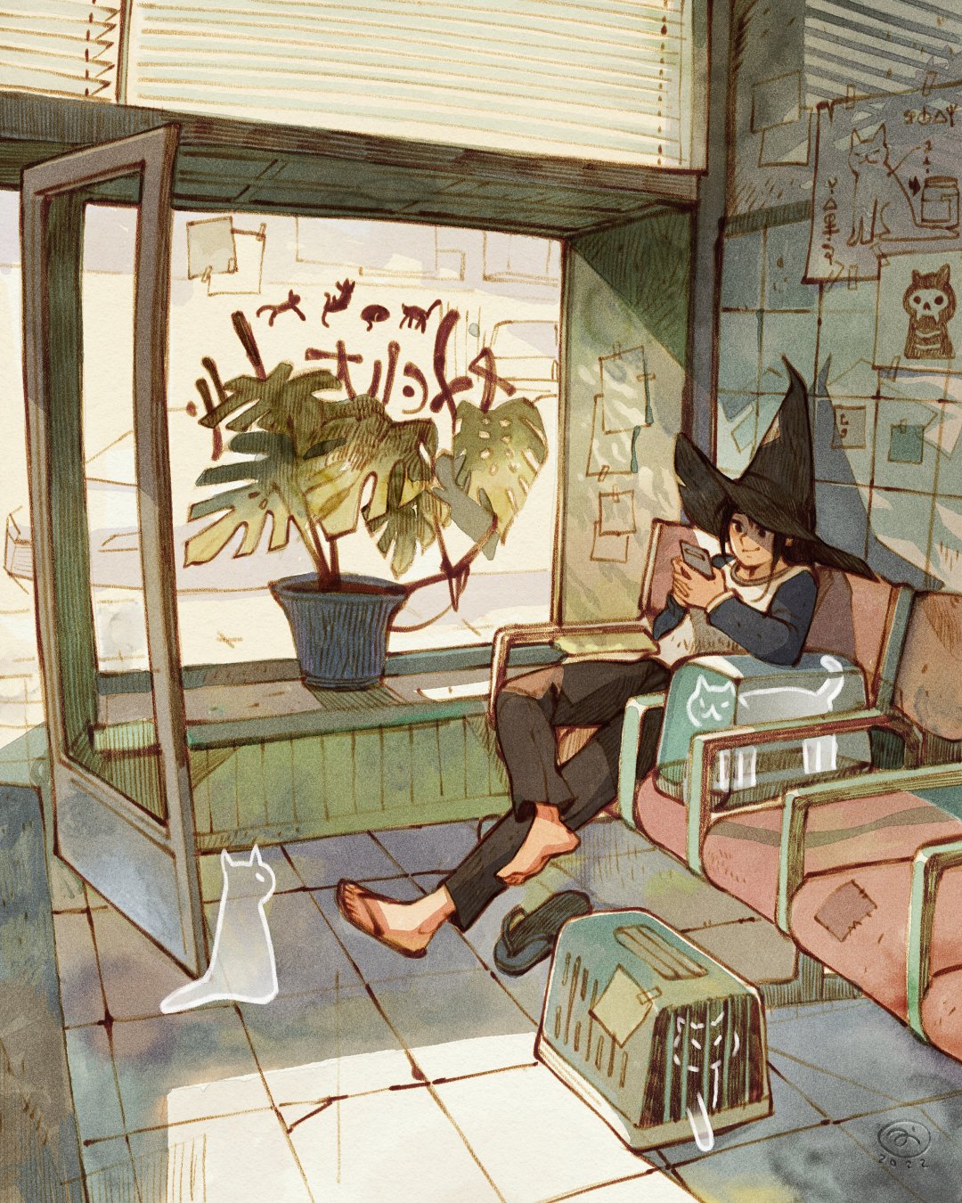 1girl, bench, black_hair, black_pants, blinds, cat, chair, drawing