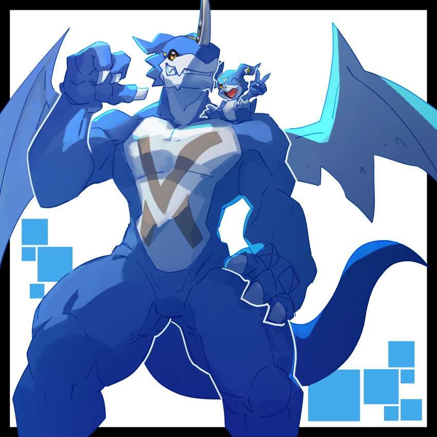 absurdres, black_border, blue_background, border, brown_eyes, claws, digimon, digimon_(creature)
