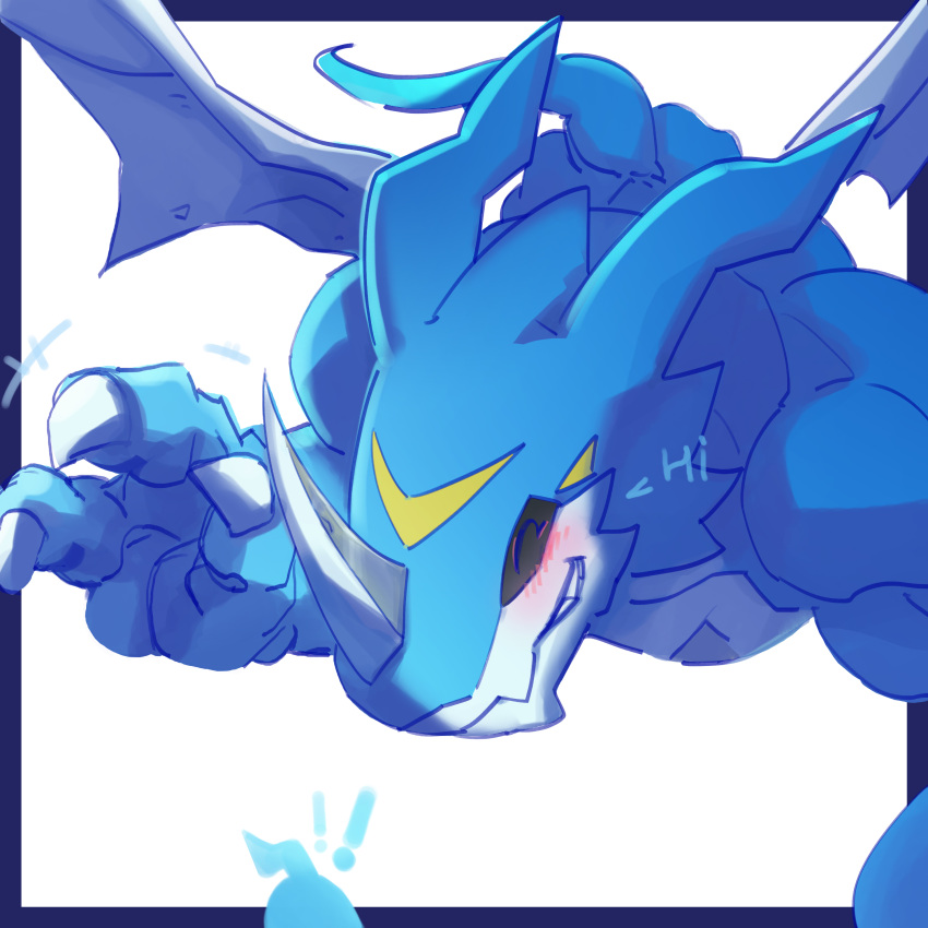 !, !!, absurdres, bangs, blue_border, blue_skin, blush, border