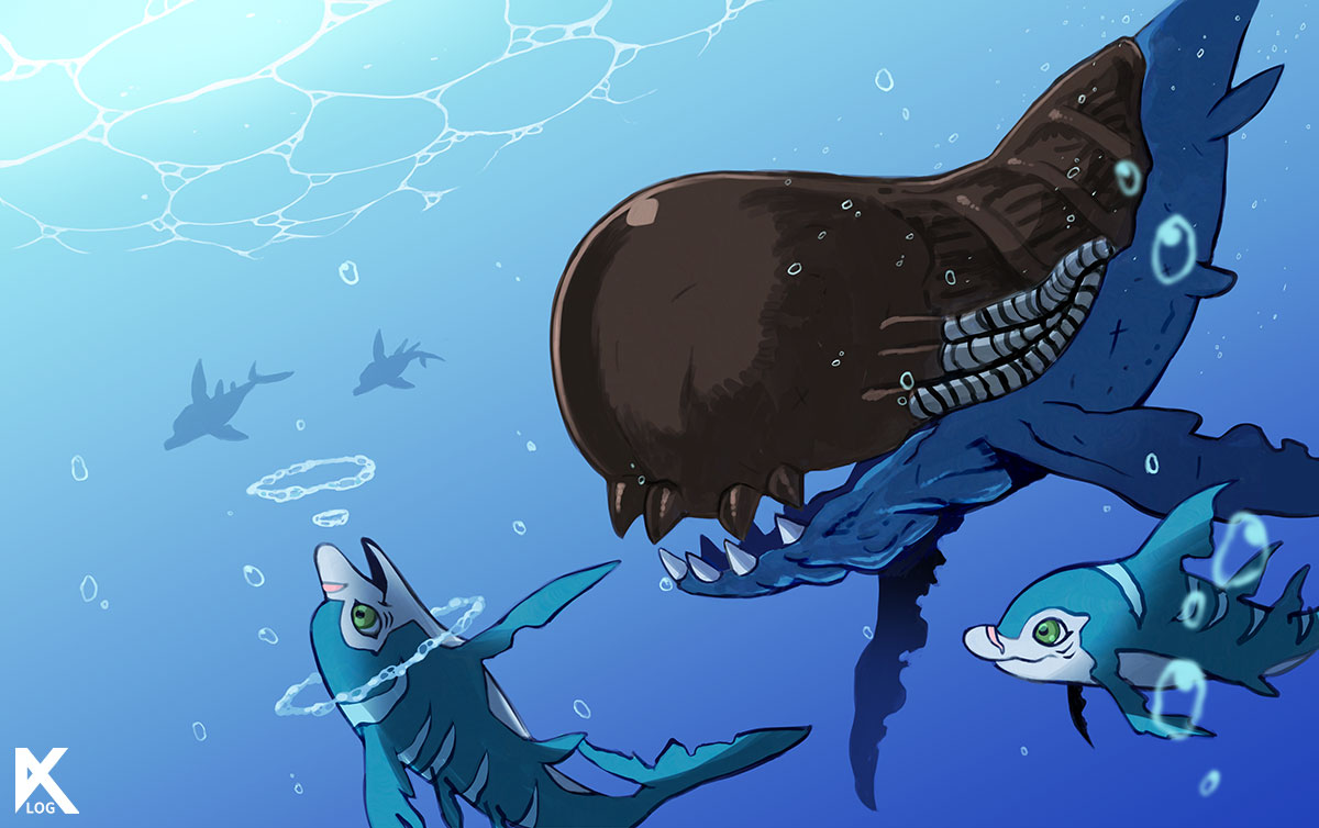 blue_skin, closed_mouth, colored_skin, dark_skin, digimon, digimon_(creature), dolphin, fish, from_side, green_eyes, kasuga_(24628), no_humans, open_mouth, rukamon, sharp_teeth, signature, smile, teeth, underwater, water, whale, whamon