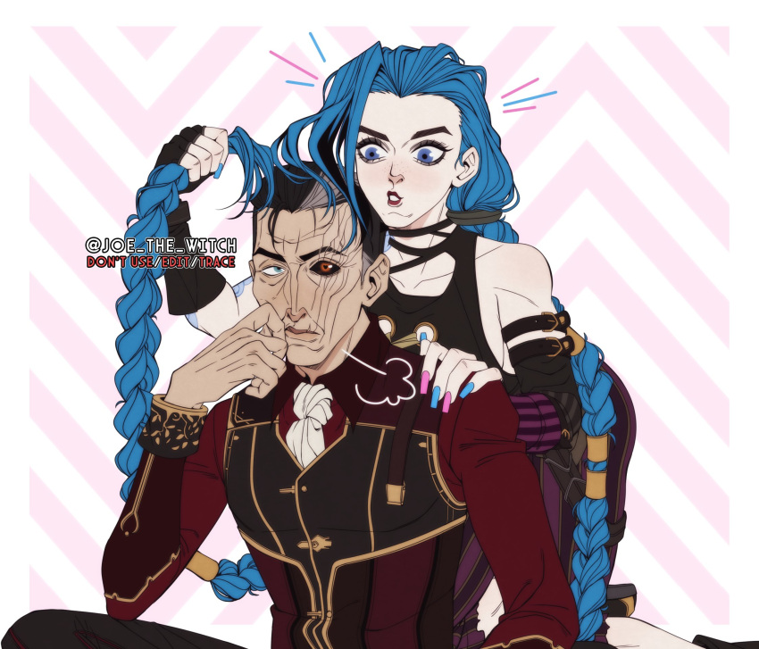 1boy, 1girl, arcane:_league_of_legends, arcane_jinx, arm_up, bangs, bare_shoulders, black_gloves