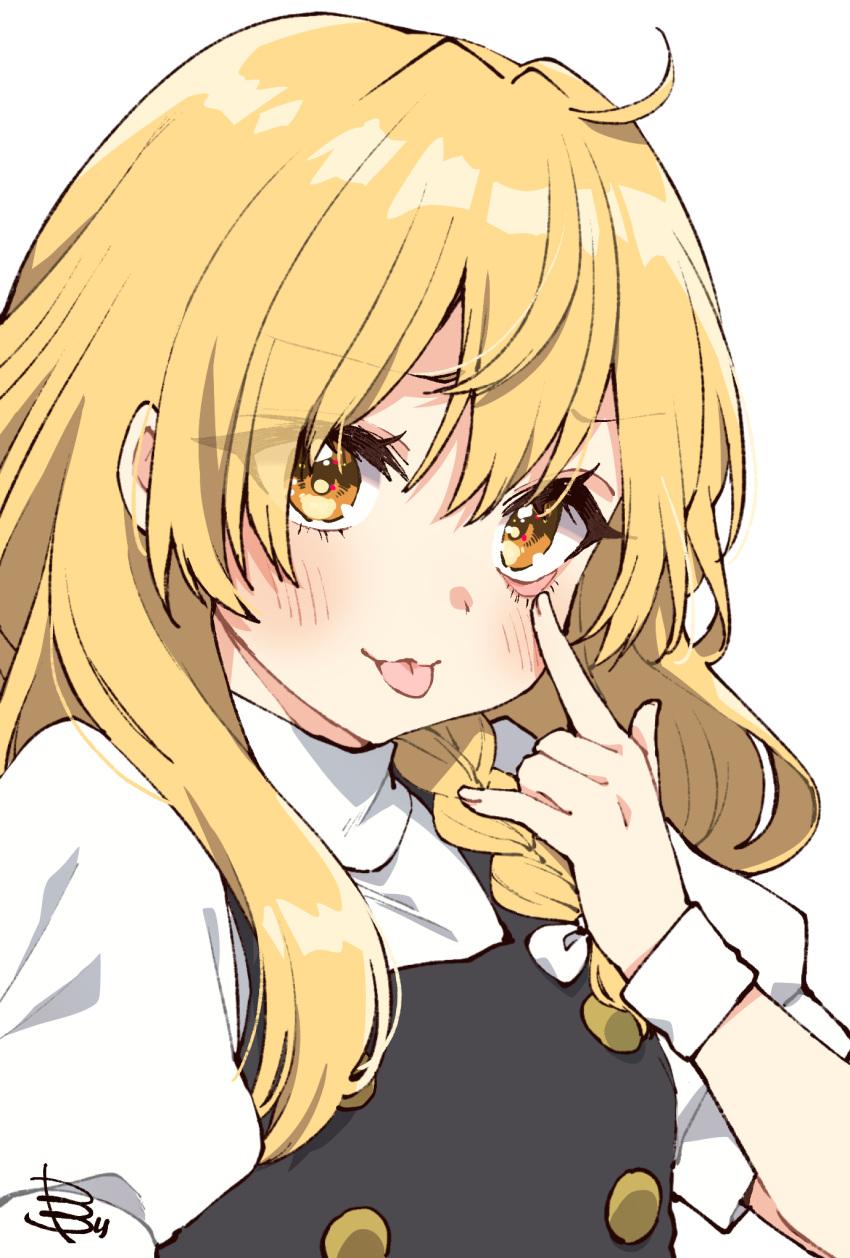 1girl, :3, :p, \m/, akanbe, black_vest, blonde_hair, blush