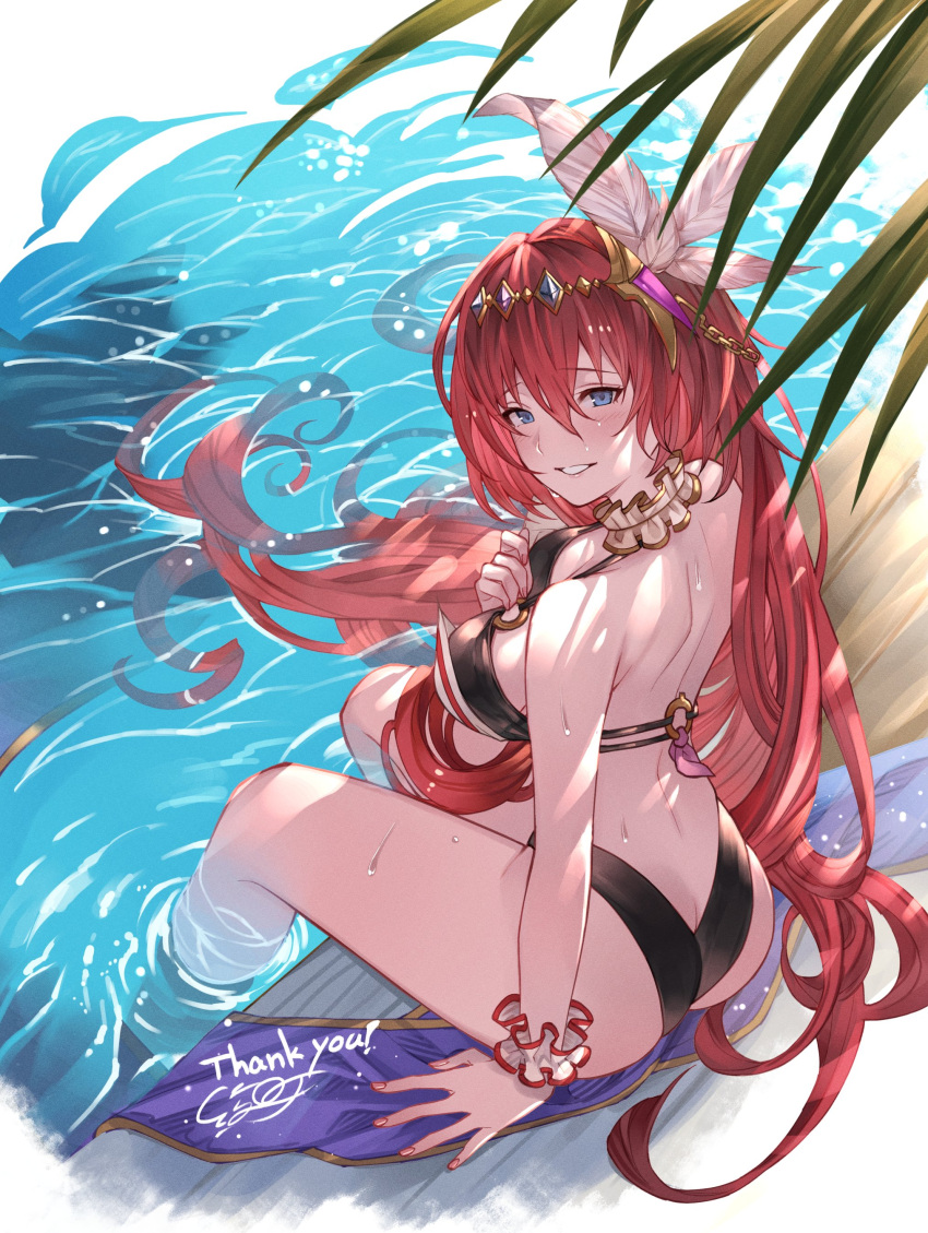 absurdres, ayacho, bikini, black_bikini, blue_eyes, feather_hair_ornament, feathers, godsworn_alexiel, granblue_fantasy, hair_between_eyes, hair_ornament, highres, layered_bikini, long_hair, looking_at_viewer, redhead, smile, solo, swimsuit, very_long_hair, white_bikini