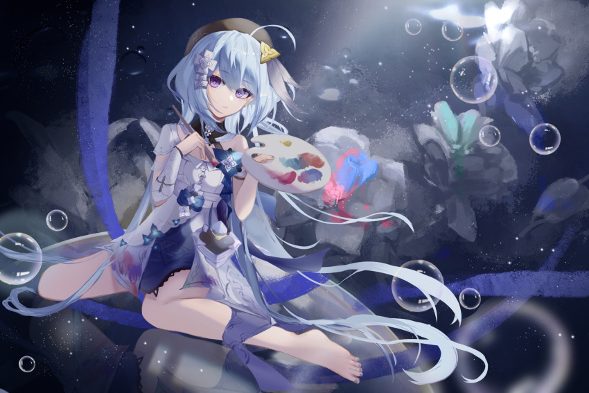1girl, absurdres, ahoge, akashin, bangs, barefoot, beret, black_headwear, blue_dress, blue_flower, blue_hair, blue_ribbon, bubble, commentary_request, cross_hair_ornament, dress, flower, griseo, hair_ornament, hat, highres, holding, holding_paintbrush, holding_palette, honkai_(series), honkai_impact_3rd, long_hair, looking_at_viewer, off-shoulder_dress, off_shoulder, paintbrush, palette_(object), reflective_floor, ribbon, single_vambrace, sitting, two-tone_dress, vambraces, violet_eyes, wariza, white_dress, white_flower