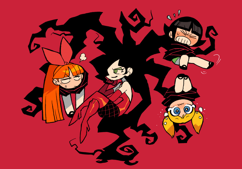 4girls, absurdly_long_hair, absurdres, anger_vein, black_hair, blonde_hair, blossom_(ppg), blue_eyes
