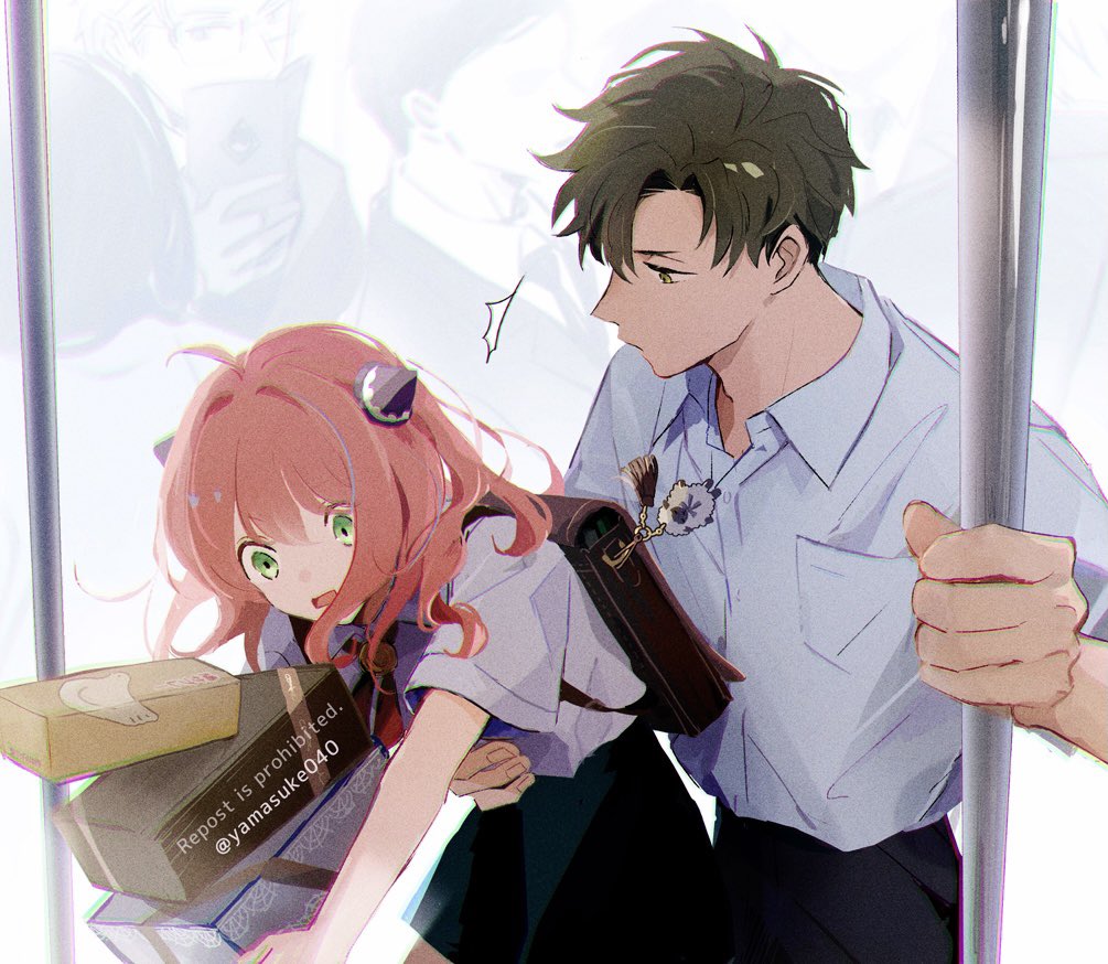 1boy, 1girl, 3boys, ^^^, ahoge, anya_(spy_x_family), arm_around_waist, backpack