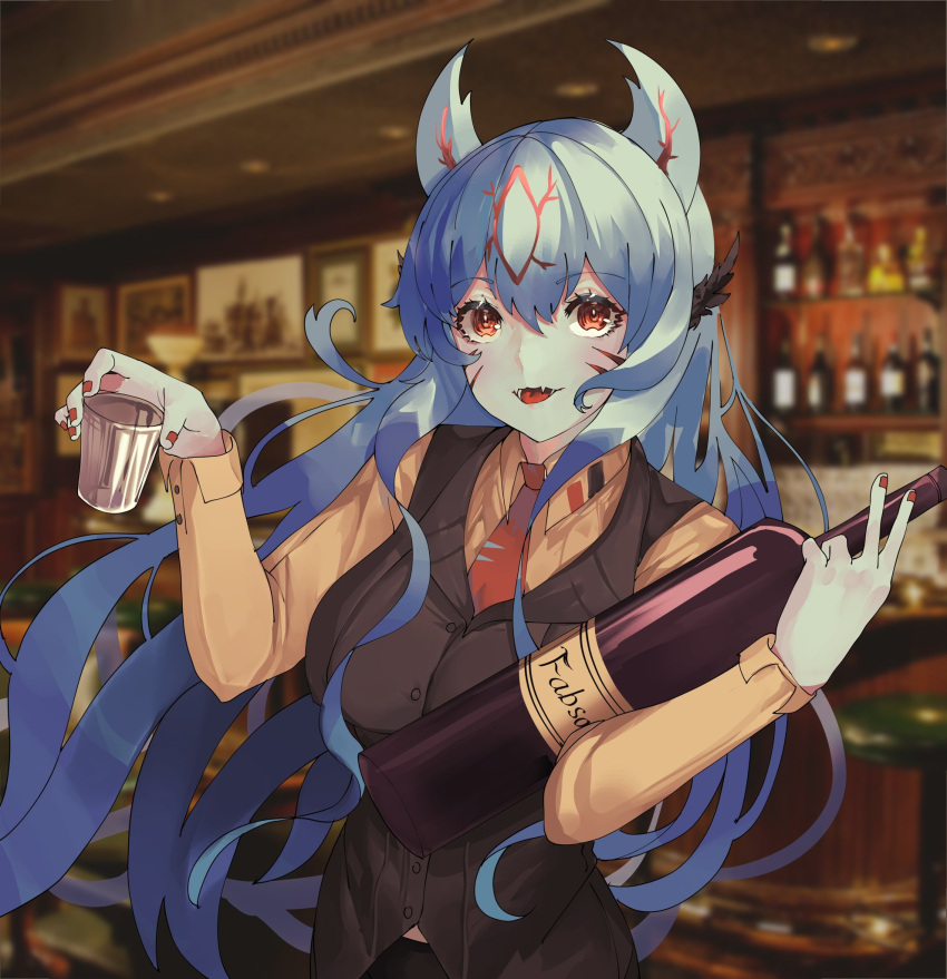 1girl, alcohol, bangs, bar, bartender, blue_hair, blurry, blurry_background