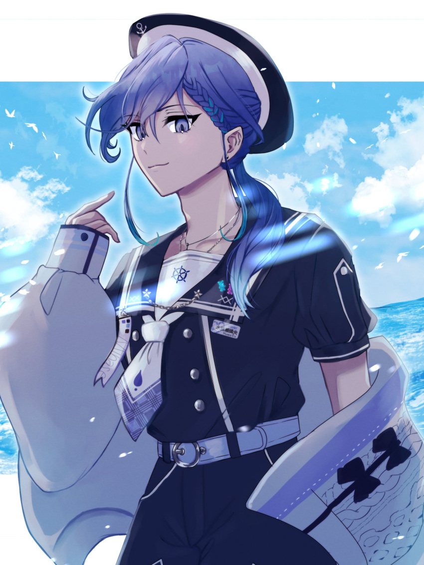 1boy, anchor_symbol, bird, black_headwear, black_shirt, black_shorts, blue_hair, blue_sky