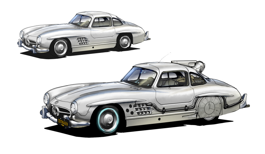 absurdres, asterozoa, back_to_the_future, car, from_side, ground_vehicle, highres, license_plate, mercedes-benz, mercedes-benz_300sl, motor_vehicle, no_humans, original, sports_car, time_machine, vehicle_focus, white_background