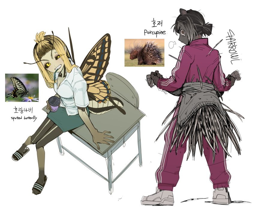 2girls, absurdres, antennae, artist_name, black_hair, black_sclera, black_skin, blonde_hair
