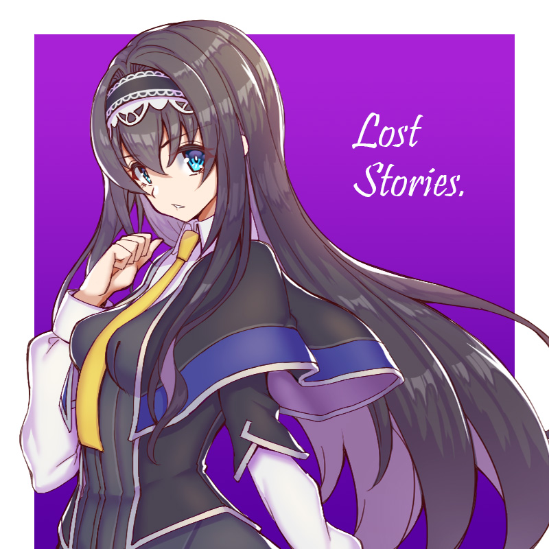 1girl, black_capelet, black_hair, black_hairband, black_jacket, border, breasts, capelet