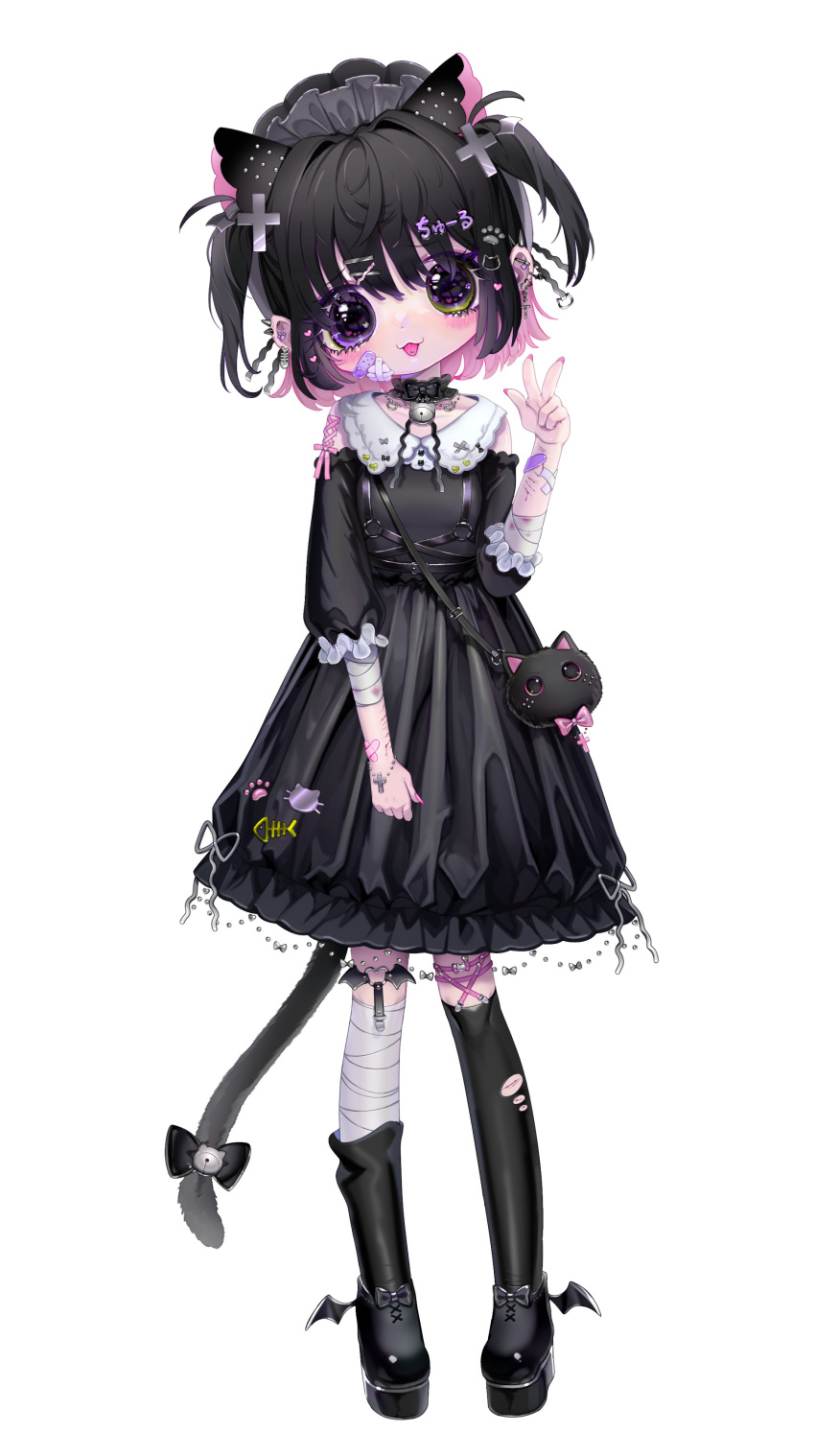 1girl, absurdres, animal_ears, asymmetrical_legwear, bag, bandaged_arm, bandaged_leg, bandages, bandaid, bell, black_dress, black_footwear, black_hair, blood, cat_ears, cat_girl, cat_tail, collared_dress, colored_inner_hair, corset_piercing, cross_hair_ornament, dress, ear_piercing, garter_straps, green_eyes, hair_ornament, heterochromia, highres, medium_hair, mismatched_legwear, multicolored_hair, neck_bell, neko_neko_ne_katta, original, piercing, pink_hair, pink_nails, platform_footwear, self_harm, shoulder_bag, simple_background, tail, tail_bell, tail_ornament, thigh-highs, tongue, tongue_out, torn_clothes, torn_legwear, two_side_up, v, violet_eyes, white_background