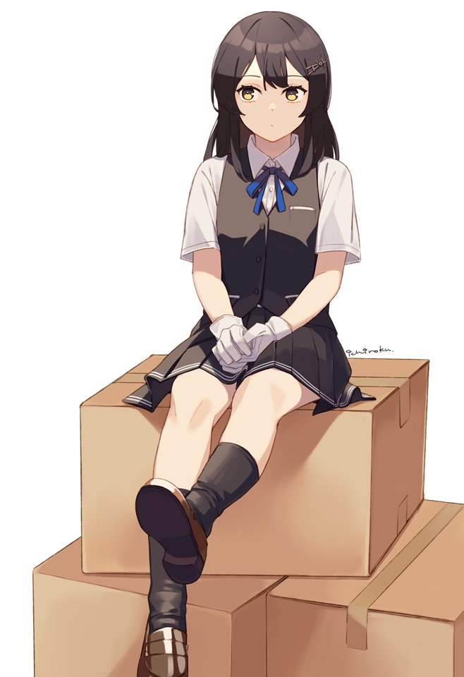 1girl, black_hair, black_skirt, black_socks, box, brown_footwear, collared_shirt, dress_shirt
