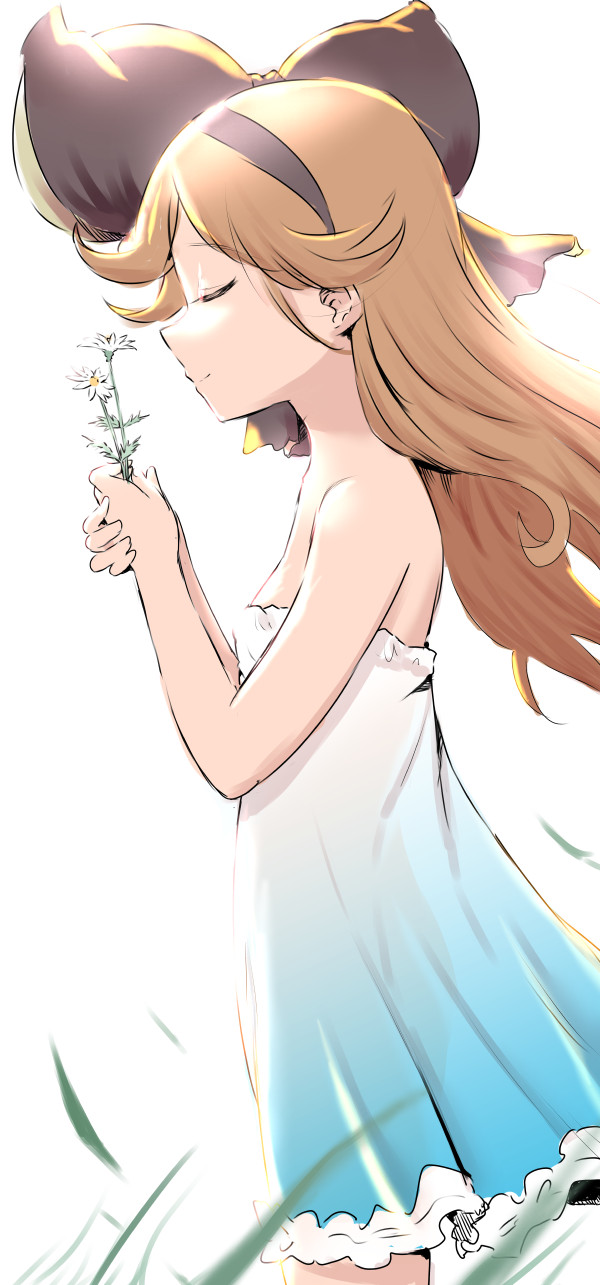 1girl, blue_dress, closed_eyes, closed_mouth, dress, floating_hair, flower, from_side