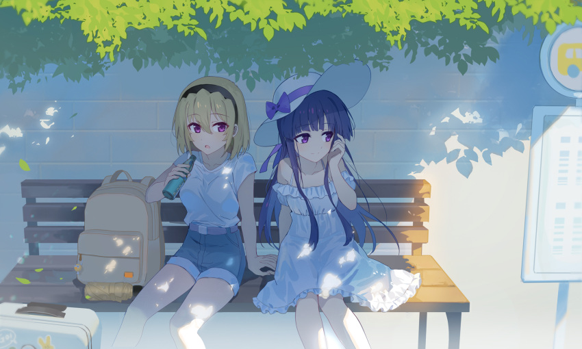 2girls, backpack, bag, bangs, belt, bench, black_hairband, blonde_hair