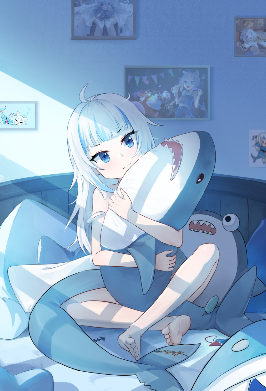 1girl, absurdres, ahoge, barefoot, bed, bloop_(gawr_gura), blue_eyes, blue_hair