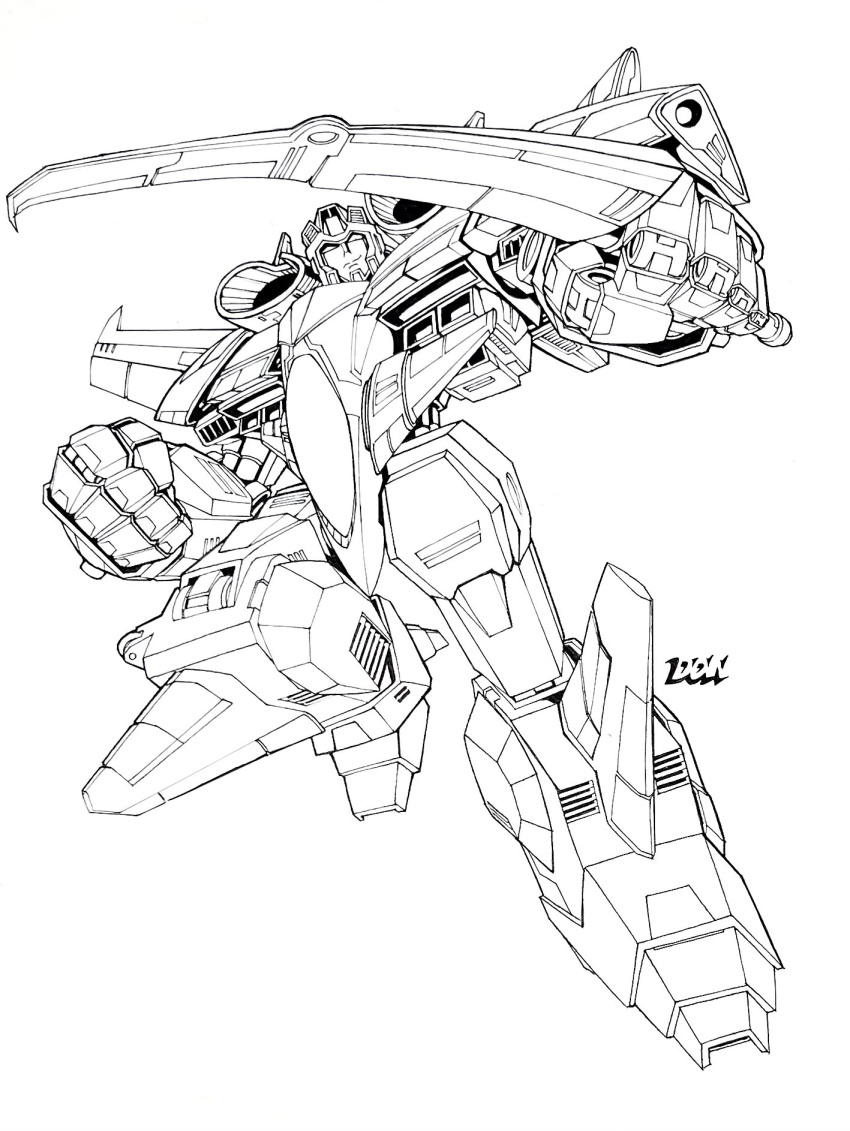 clenched_hand, decepticon, don_allan_figueroa, english_commentary, greyscale, highres, holding, holding_sword, holding_weapon, lineart, looking_at_viewer, mecha, monochrome, official_art, robot, science_fiction, shoulder_cannon, smile, solo, starscream, sword, transformers, transformers_armada, weapon