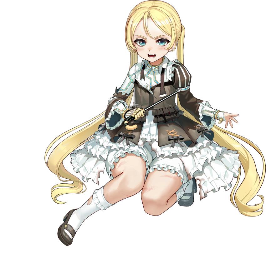 1girl, black_ribbon, blonde_hair, bloomers, blue_eyes, blush, bodysuit, bodysuit_under_clothes, broken, broken_umbrella, defeat, dirty, dirty_clothes, dress, ellie_quickhand, frilled_dress, frilled_socks, frills, full_body, highres, holding, holding_umbrella, injury, last_origin, lolita_fashion, long_hair, looking_at_viewer, mary_janes, mechanical_arms, official_art, on_floor, open_mouth, parasol, ribbon, scraped_knee, shoes, sitting, socks, solo, taesi, torn_bodysuit, torn_clothes, torn_dress, torn_legwear, transparent_background, twintails, umbrella, underwear, very_long_hair, white_bodysuit, white_headwear, white_socks