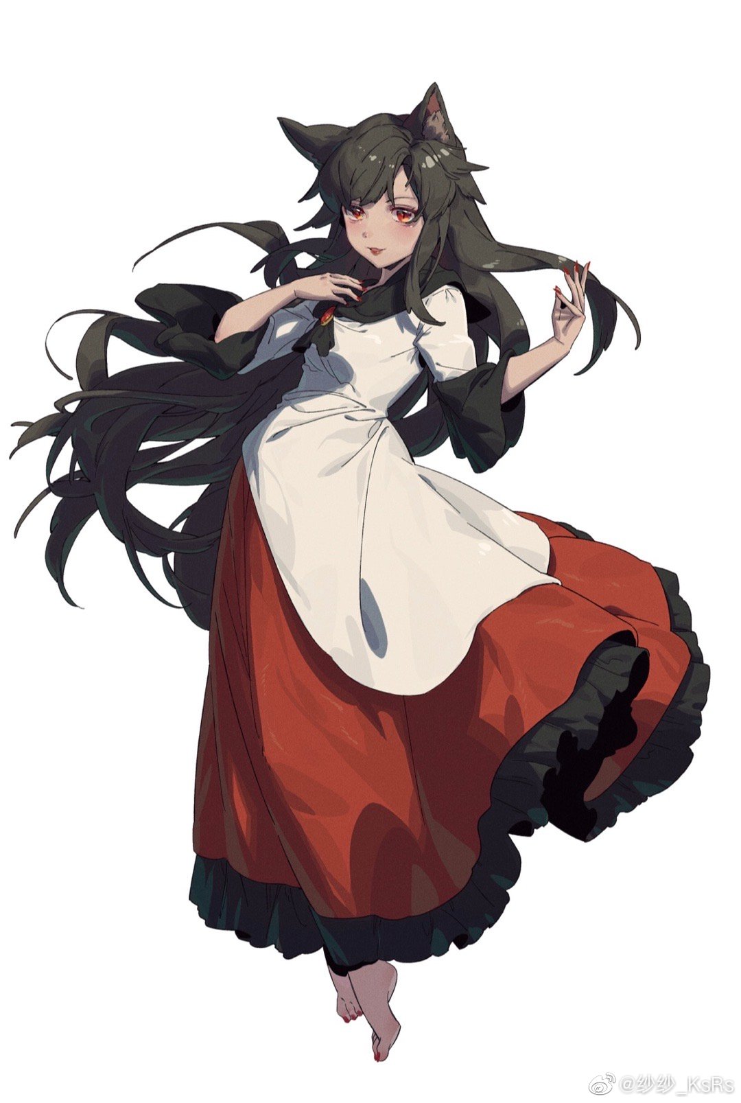 1girl, animal_ear_fluff, animal_ears, barefoot, black_hair, blush, brooch, chinese_commentary