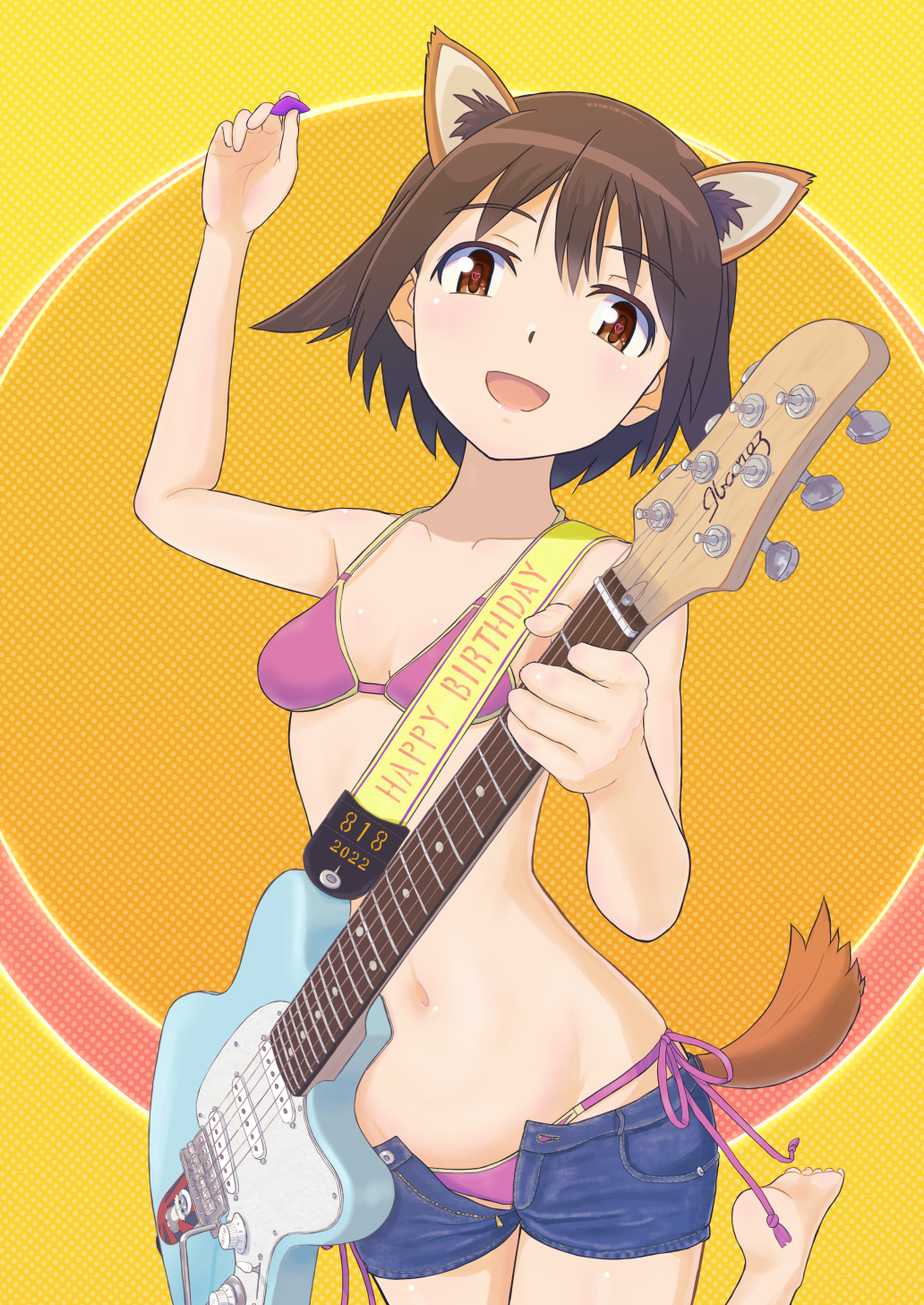 1girl, 2022, animal_ears, barefoot, bikini, blue_shorts, blush, breasts