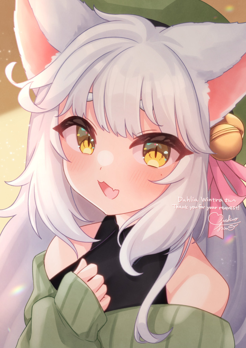 1girl, :3, absurdres, animal_ears, bare_shoulders, bell, beret, black_shirt, blush, bow, cat_ears, cat_girl, commission, dahlia_wintra, fang, green_beret, green_sweater, hair_ribbon, hand_on_own_chest, hat, highres, looking_at_viewer, mashir_oxo, open_mouth, pink_bow, portrait, ribbon, shirt, signature, skeb_commission, skin_fang, sleeveless, sleeveless_shirt, solo, sweater, tomopulse, white_hair, yellow_eyes