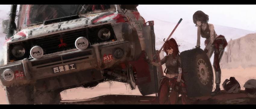 2girls, bandaged_arm, bandages, black_eyes, black_hair, black_shirt, breasts, car