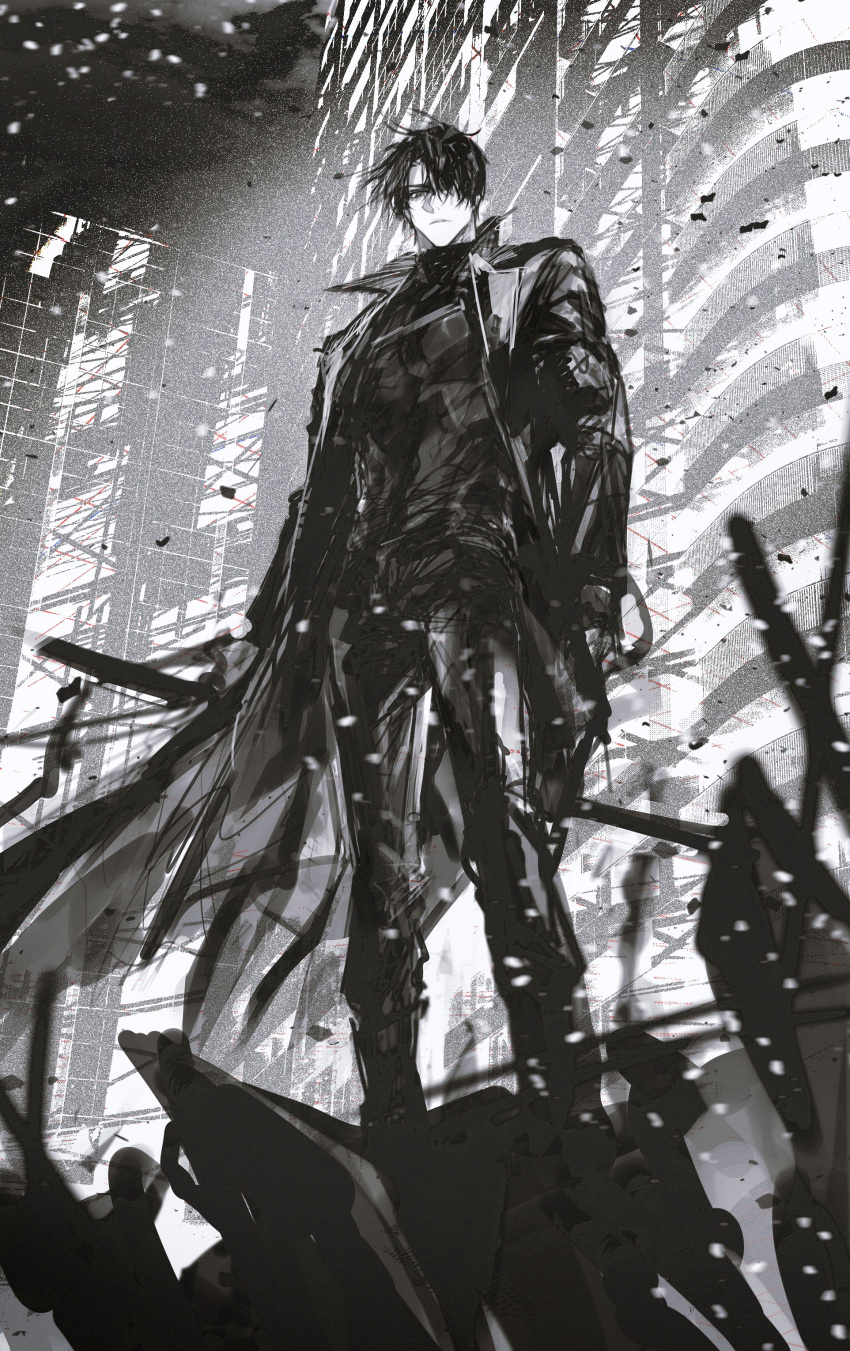 1boy, absurdres, black_hair, building, closed_mouth, dust, from_below, greyscale