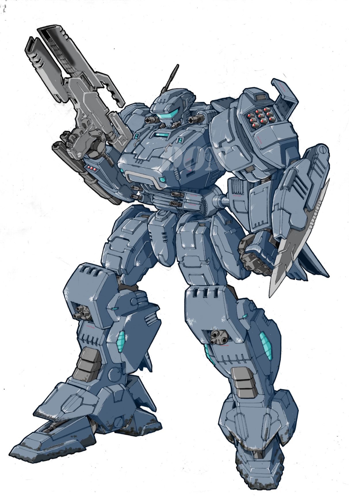arm_blade, clenched_hand, don_allan_figueroa, gun, highres, holding, holding_gun, holding_weapon