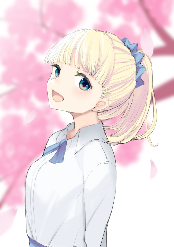 1girl, :d, akahara_tyun, bangs, blue_scrunchie, cherry_blossoms, day, green_eyes