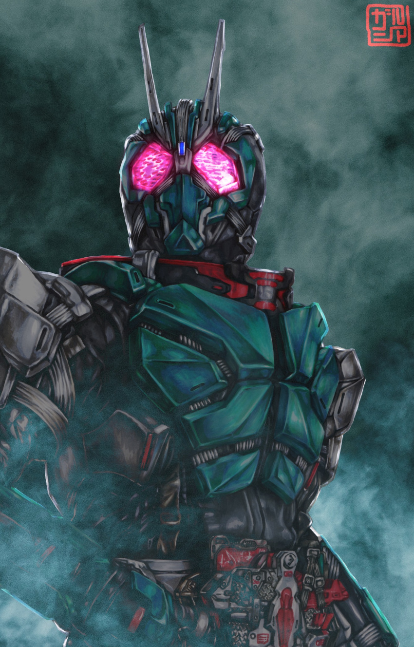 1boy, antennae, cycloneriser, fog, green_armor, highres, kamen_rider:_reiwa_the_first_generation, kamen_rider_type-1