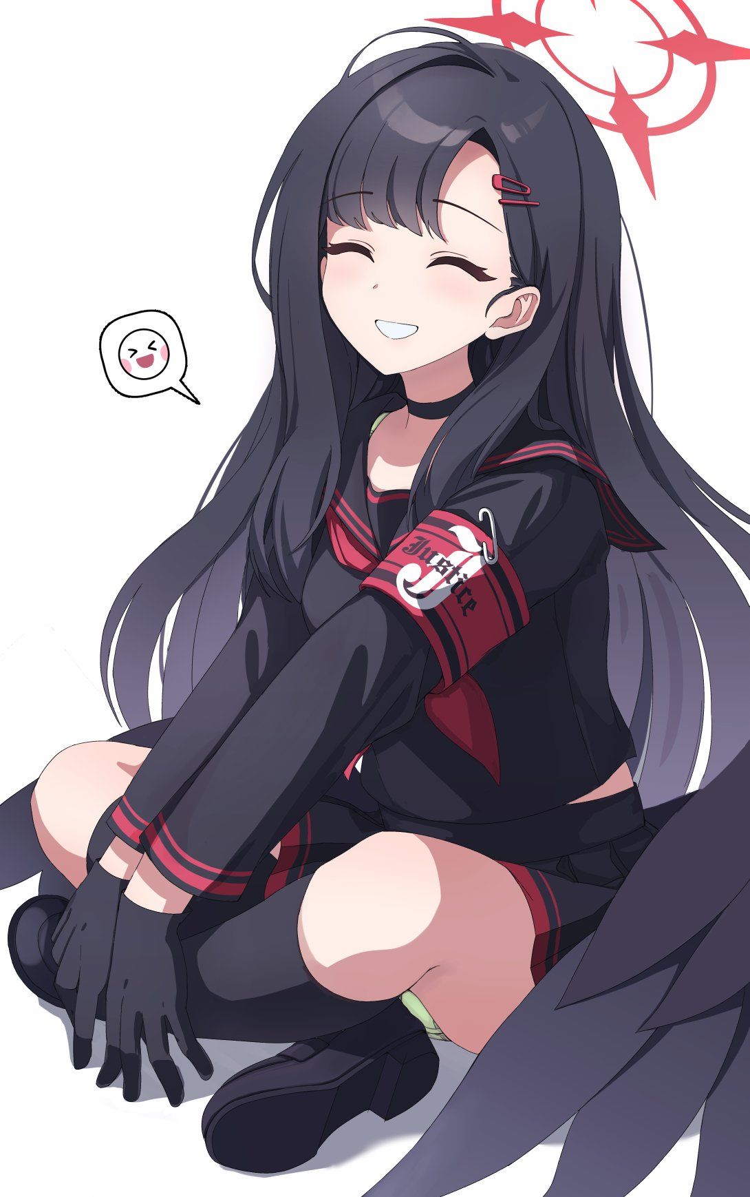 >_<, 1girl, armband, bangs, black_choker, black_footwear, black_gloves, black_hair