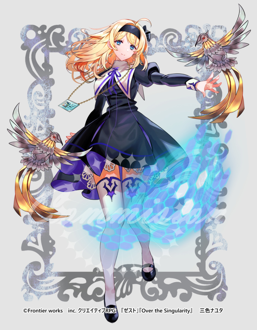 1girl, ahoge, bangs, black_dress, black_footwear, blonde_hair, blue_eyes, creativerpg