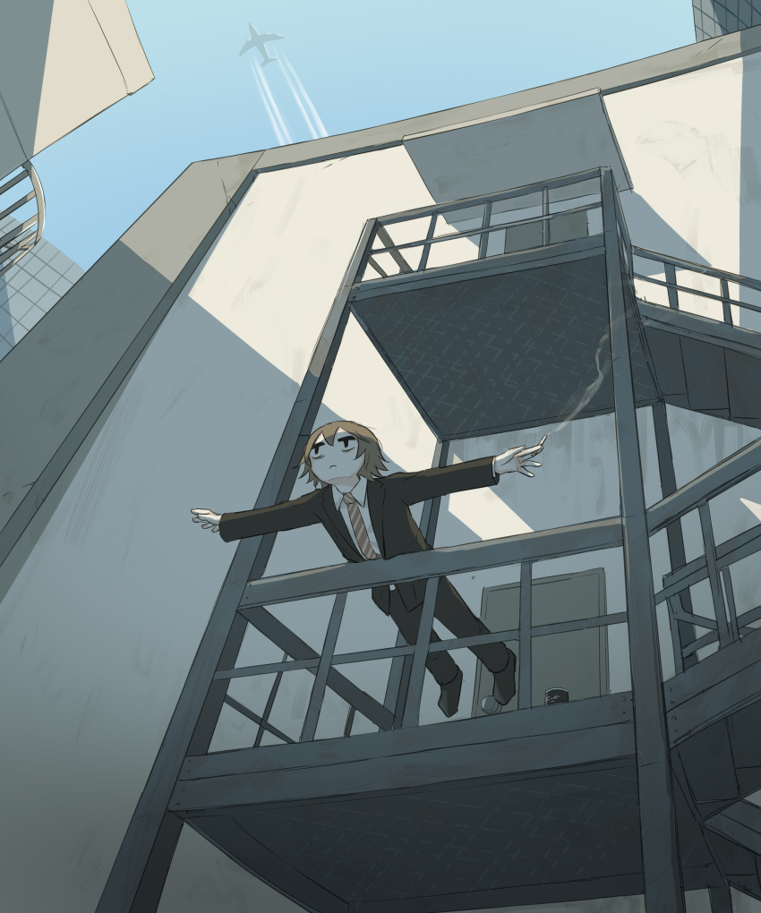 1boy, absurdres, aircraft, airplane, airplane_arms, avogado6, bags_under_eyes, building, cigarette, clear_sky, commentary, depressed, formal, hair_between_eyes, highres, jitome, light_brown_hair, male_focus, necktie, original, outstretched_arms, railing, short_hair, sky, smoke, solo, spread_arms, stairs, striped_necktie, suit