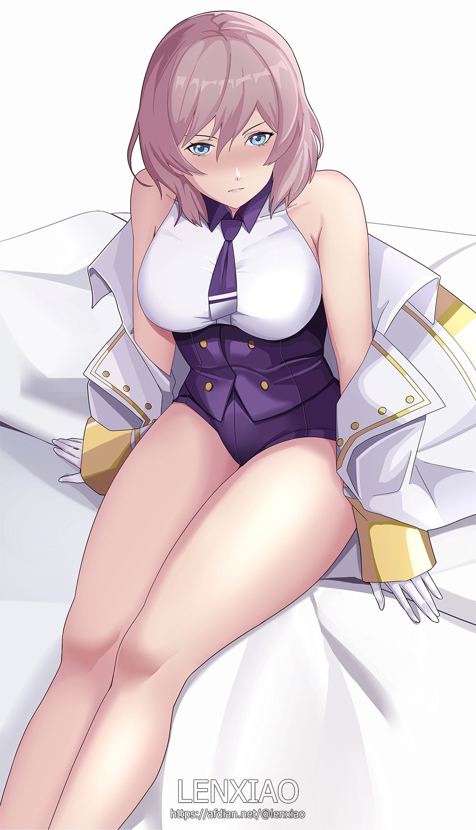 1girl, artist_name, bangs, bare_shoulders, blue_eyes, breasts, closed_mouth, corset
